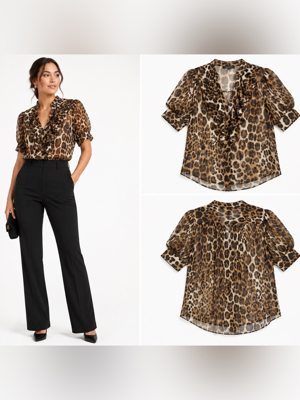 Nanette Lepore 100% Silk Leopard Print Ruffle V-Neck Blouse Size 8